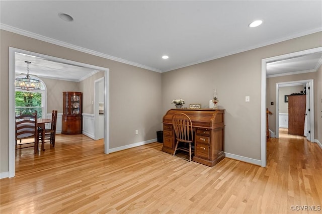6003 Lansgate Rd, Midlothian, VA 23112 - office area featuring light wood-style flooring, a chandelier, crown molding, and recessed lighting