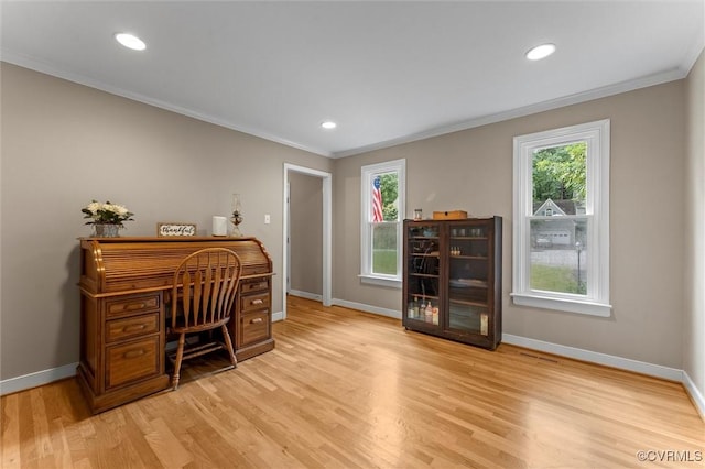 6003 Lansgate Rd, Midlothian, VA 23112 - home office featuring crown molding, light wood-style floors, and recessed lighting
