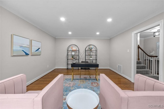 13219 Lauren Ln, Midlothian, VA 23114 - living room with wood finished floors, recessed lighting, stairs, and crown molding