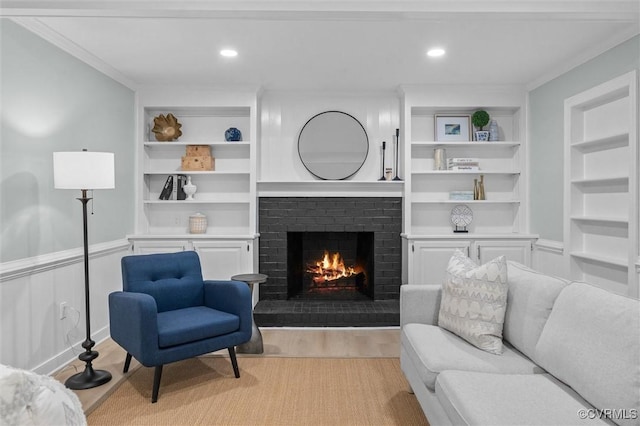13219 Lauren Ln, Midlothian, VA 23114 - living area with light wood-type flooring, a fireplace, built in features, ornamental molding, and recessed lighting
