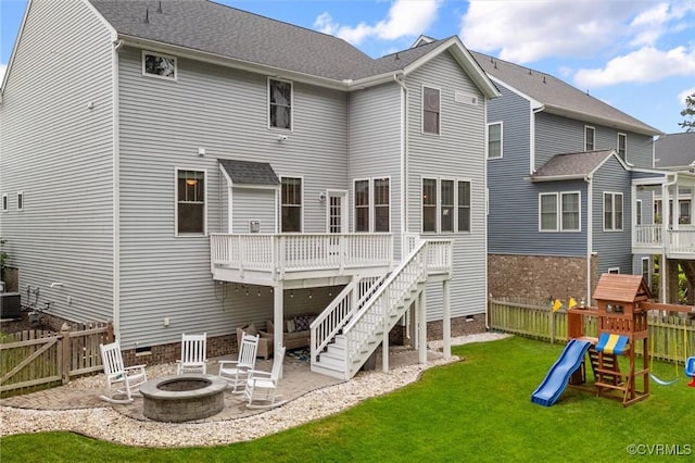 18007 Twin Falls Ln, Moseley, VA 23120 - rear view of property with a fire pit, a patio area, a fenced backyard, crawl space, and a deck
