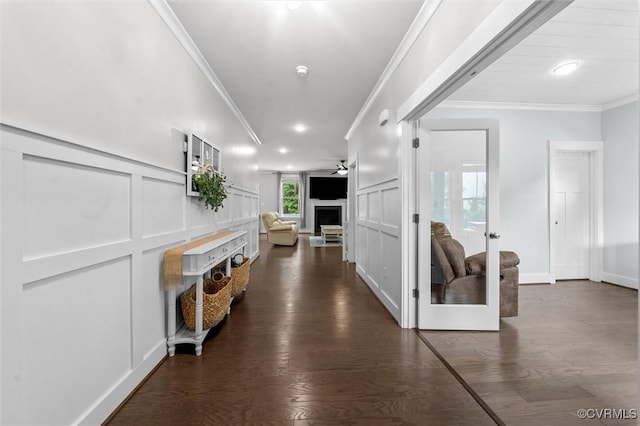 18007 Twin Falls Ln, Moseley, VA 23120 - hall with ornamental molding, a decorative wall, dark wood-type flooring, and french doors