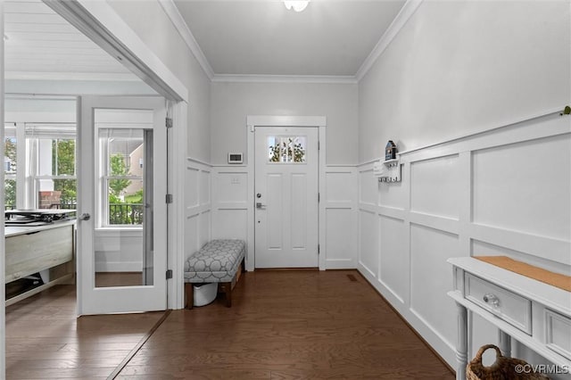 18007 Twin Falls Ln, Moseley, VA 23120 - entryway featuring a decorative wall, crown molding, dark wood-type flooring, and wainscoting