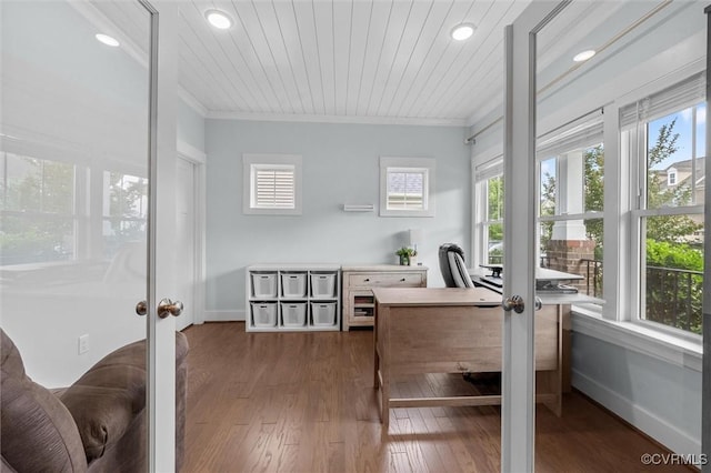 18007 Twin Falls Ln, Moseley, VA 23120 - office space featuring healthy amount of natural light, dark wood-type flooring, ornamental molding, recessed lighting, and french doors