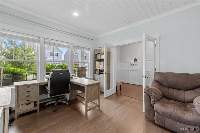 18007 Twin Falls Ln, Moseley, VA 23120 - office space with french doors, crown molding, wood finished floors, wainscoting, and wood ceiling