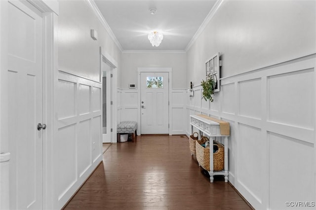 18007 Twin Falls Ln, Moseley, VA 23120 - entrance foyer featuring a decorative wall, crown molding, dark wood-style floors, and wainscoting