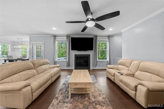 18007 Twin Falls Ln, Moseley, VA 23120 - living area with crown molding, a ceiling fan, dark wood finished floors, a glass covered fireplace, and recessed lighting