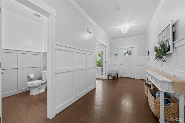 18007 Twin Falls Ln, Moseley, VA 23120 - foyer with a decorative wall, ornamental molding, wood finished floors, and a wainscoted wall