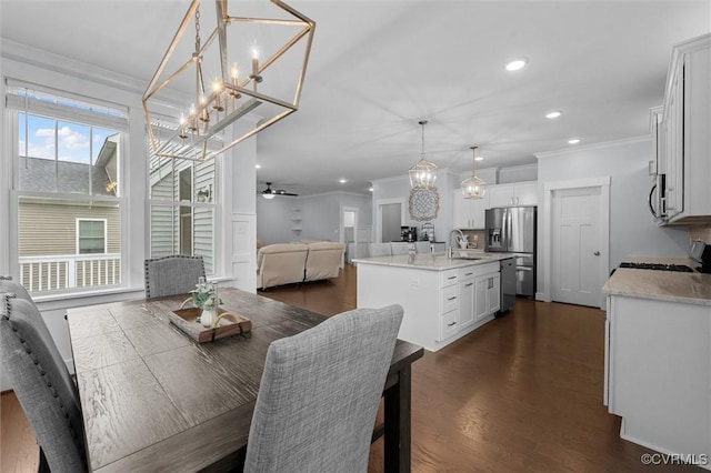 18007 Twin Falls Ln, Moseley, VA 23120 - dining area featuring ornamental molding, a chandelier, recessed lighting, dark wood-style floors, and ceiling fan