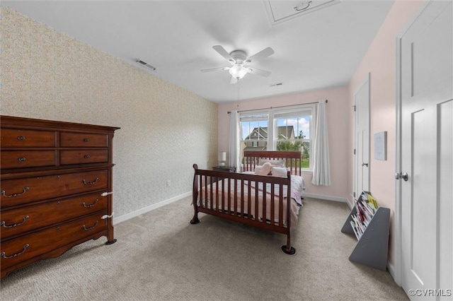 18007 Twin Falls Ln, Moseley, VA 23120 - bedroom with light colored carpet, wallpapered walls, and a ceiling fan
