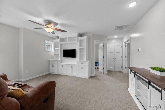 18007 Twin Falls Ln, Moseley, VA 23120 - living area with a ceiling fan, light carpet, and recessed lighting