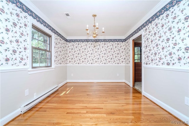 1020 Challis Ln, Sandston, VA 23150 - empty room featuring baseboard heating, a chandelier, wallpapered walls, light wood finished floors, and crown molding