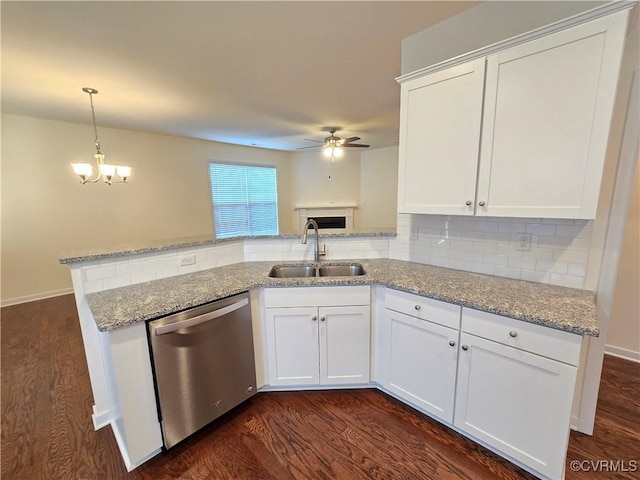 16813 Laurel Park Dr, Moseley, VA 23120 - kitchen with a ceiling fan, dark wood-type flooring, stainless steel dishwasher, and backsplash
