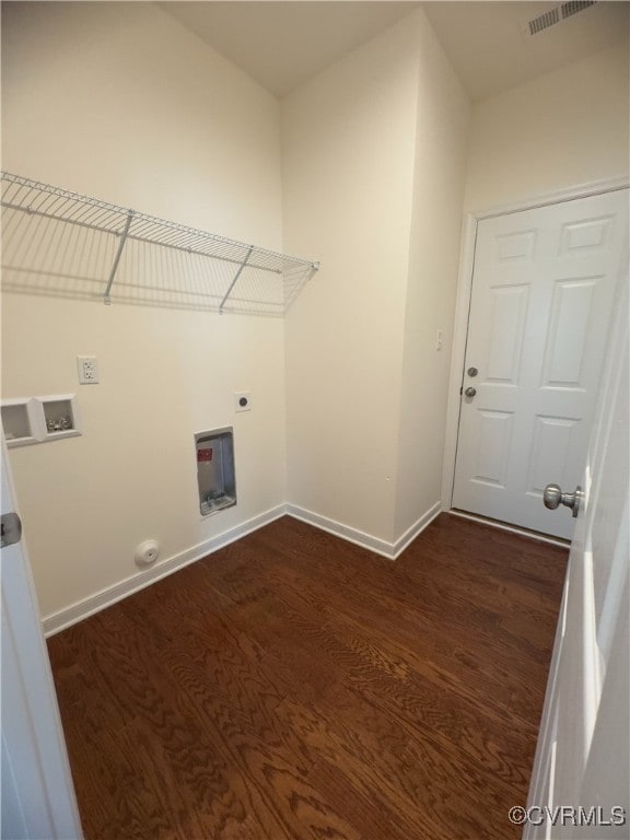 16813 Laurel Park Dr, Moseley, VA 23120 - laundry area featuring dark wood-style flooring, hookup for a washing machine, gas dryer hookup, and electric dryer hookup