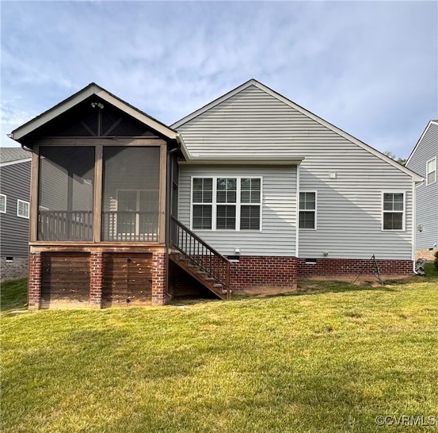16813 Laurel Park Dr, Moseley, VA 23120 - rear view of house with a sunroom, a lawn, and stairway
