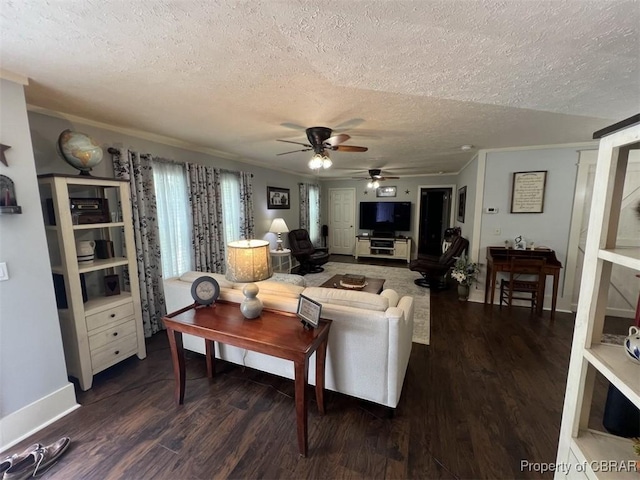 102 Mechams Cove Rd, Topping, VA 23169 - living area featuring a textured ceiling, a ceiling fan, wood finished floors, and crown molding