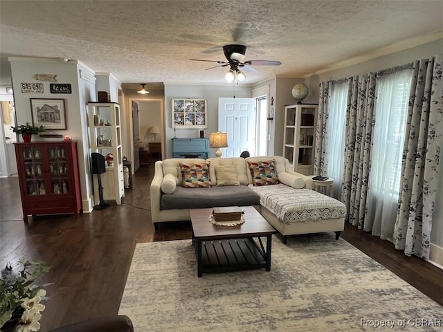 102 Mechams Cove Rd, Topping, VA 23169 - living area with ceiling fan, dark wood-style floors, and a textured ceiling