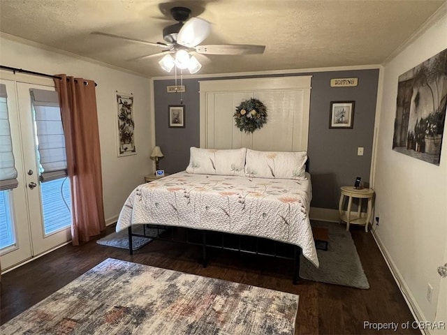 102 Mechams Cove Rd, Topping, VA 23169 - bedroom featuring wood finished floors, ornamental molding, a ceiling fan, a textured ceiling, and french doors