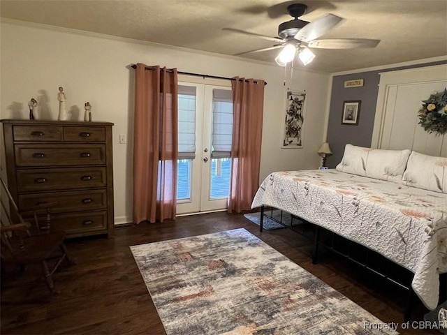 102 Mechams Cove Rd, Topping, VA 23169 - bedroom with french doors, access to outside, dark wood-type flooring, and a ceiling fan