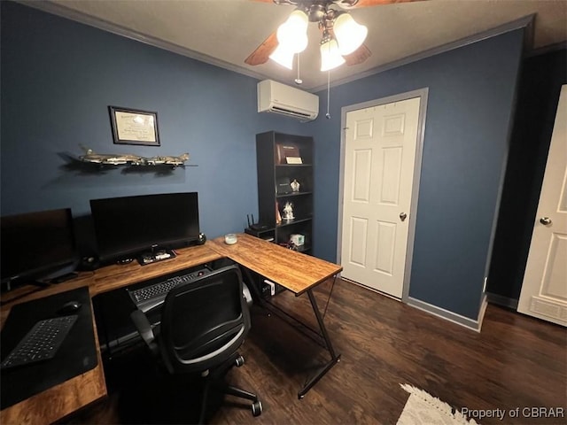 102 Mechams Cove Rd, Topping, VA 23169 - office space with a ceiling fan, crown molding, wood finished floors, and an AC wall unit