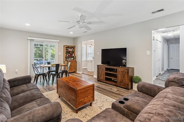 7117 Deer Thicket Dr, Midlothian, VA 23112 - living room with a ceiling fan, light wood-style flooring, and recessed lighting