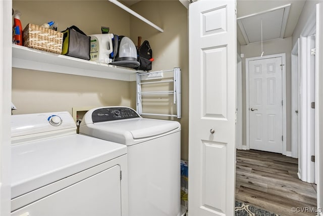 7117 Deer Thicket Dr, Midlothian, VA 23112 - washroom featuring washer and clothes dryer, attic access, and wood finished floors