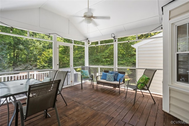 7117 Deer Thicket Dr, Midlothian, VA 23112 - sunroom / solarium featuring a ceiling fan, vaulted ceiling, outdoor lounge area, and outdoor dining space
