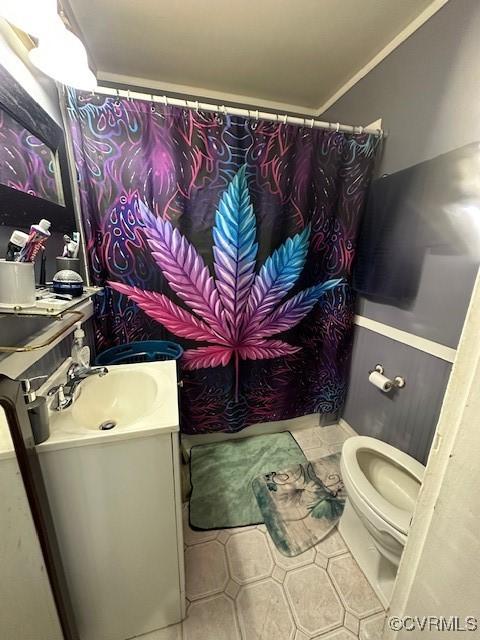 4232 Three Bridge Rd, Powhatan, VA 23139 - full bathroom with vanity, tile patterned flooring, and curtained shower