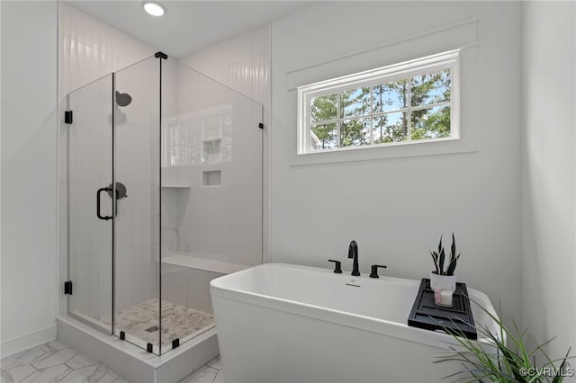 9255 Saxsawn Ln, Chesterfield, VA 23832 - full bath featuring a freestanding bath, marble look tile flooring, a shower stall, and recessed lighting