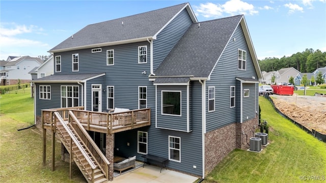 9255 Saxsawn Ln, Chesterfield, VA 23832 - rear view of house featuring a wooden deck, a yard, a shingled roof, and a patio