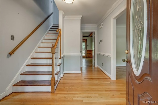 2330 Corner Rock Rd, Midlothian, VA 23113 - entryway with light wood-style floors, stairs, and crown molding