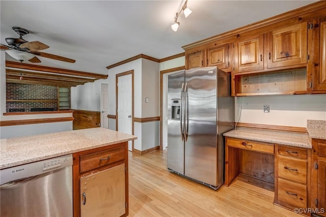 2330 Corner Rock Rd, Midlothian, VA 23113 - kitchen with appliances with stainless steel finishes, a ceiling fan, brown cabinetry, light wood-style flooring, and open shelves