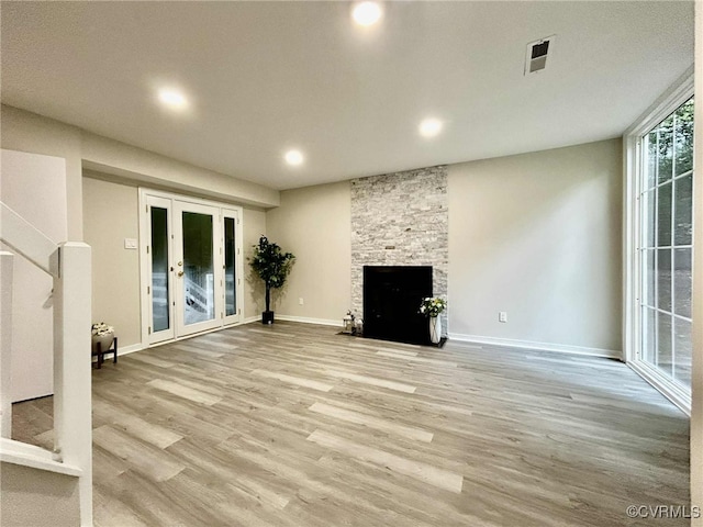 8512 Scottingham Ct, Chesterfield, VA 23236 - unfurnished living room featuring french doors, wood finished floors, recessed lighting, and a fireplace