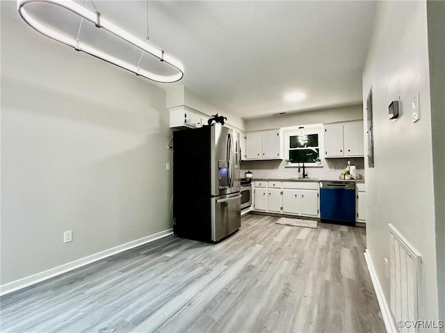 8512 Scottingham Ct, Chesterfield, VA 23236 - kitchen featuring stainless steel fridge with ice dispenser, white cabinets, light wood-style floors, backsplash, and dishwashing machine