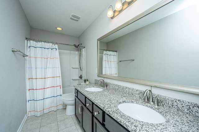 full bathroom with vanity, shower / bath combo, toilet, and tile patterned flooring