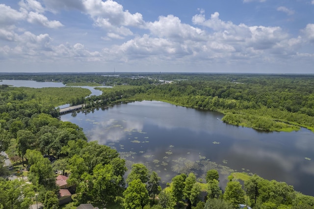 birds eye view of property with a water view and a wooded view