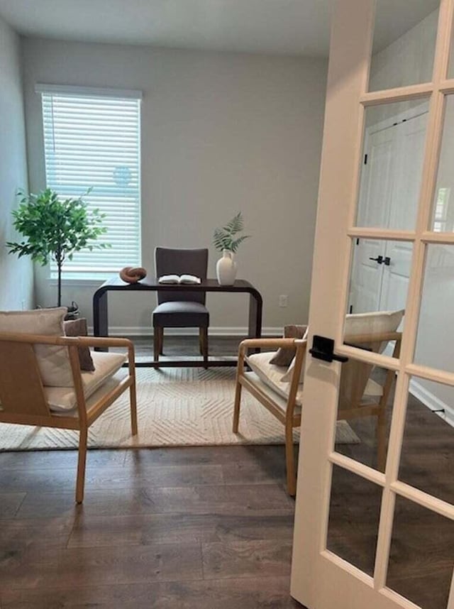 living area with dark wood-style floors and french doors