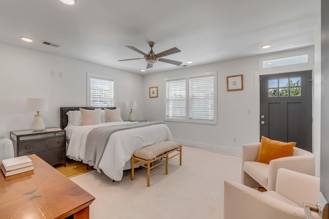 bedroom featuring baseboards, visible vents, ceiling fan, and recessed lighting