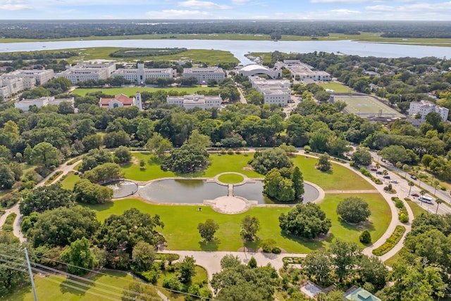 drone / aerial view with a water view