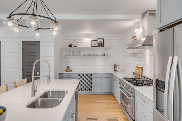 kitchen with stainless steel appliances, light countertops, wall chimney range hood, open shelves, and a sink