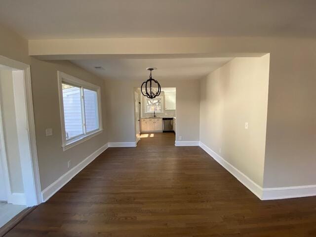 unfurnished dining area with sink, dark hardwood / wood-style floors, and a chandelier