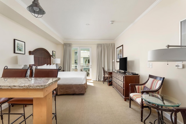 bedroom featuring access to outside, light colored carpet, and crown molding