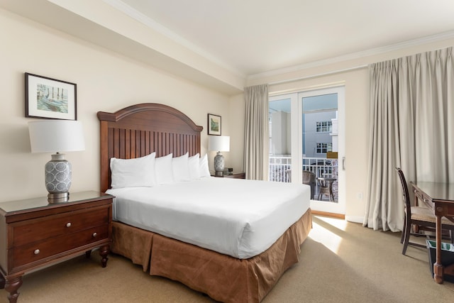 bedroom with access to outside, light colored carpet, and crown molding