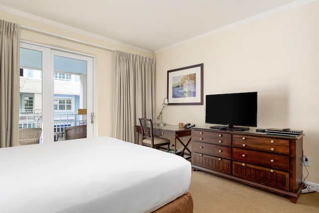 bedroom with light carpet, ornamental molding, and access to exterior