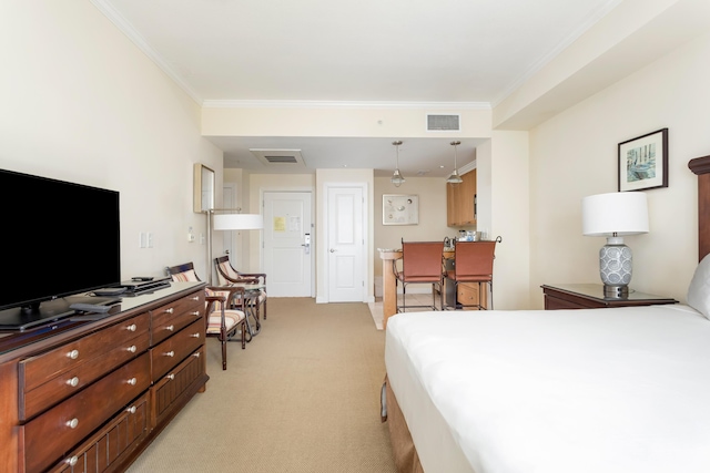 bedroom with ornamental molding, visible vents, and light colored carpet