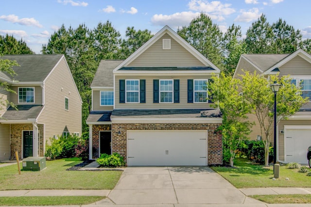 view of front of home with concrete driveway, roof with shingles, a front lawn, brick siding, and a garage