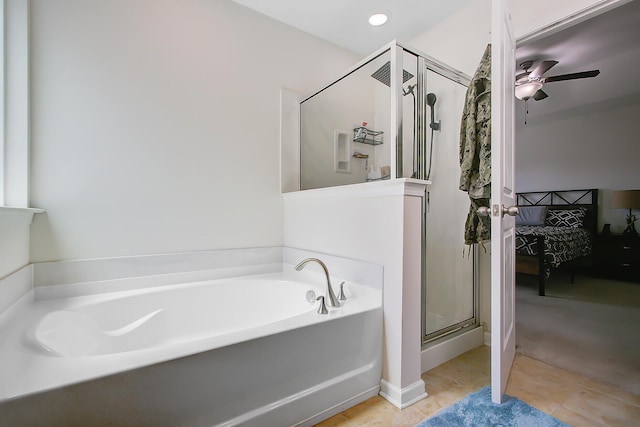 bathroom featuring a garden tub, ceiling fan, connected bathroom, tile patterned flooring, and a stall shower