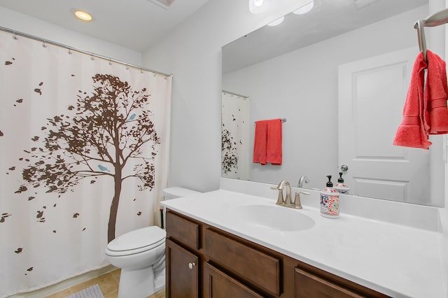 full bath with toilet, tile patterned floors, vanity, and recessed lighting