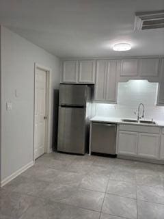 4324 Purdue Dr, North Charleston, SC 29418 - kitchen featuring appliances with stainless steel finishes, a sink, gray cabinetry, and light countertops