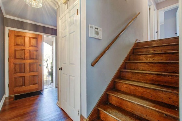 entrance foyer featuring crown molding, dark wood-type flooring, and a notable chandelier